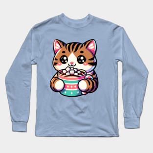 Tabby cat drinking hot chocolate Long Sleeve T-Shirt